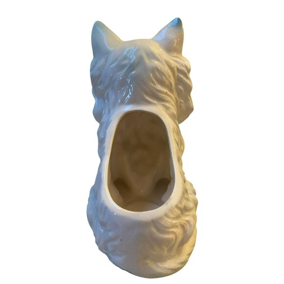 Vintage MCM White Ceramic Cat Planter With Red Ribbon Bow - Picture 4 of 6